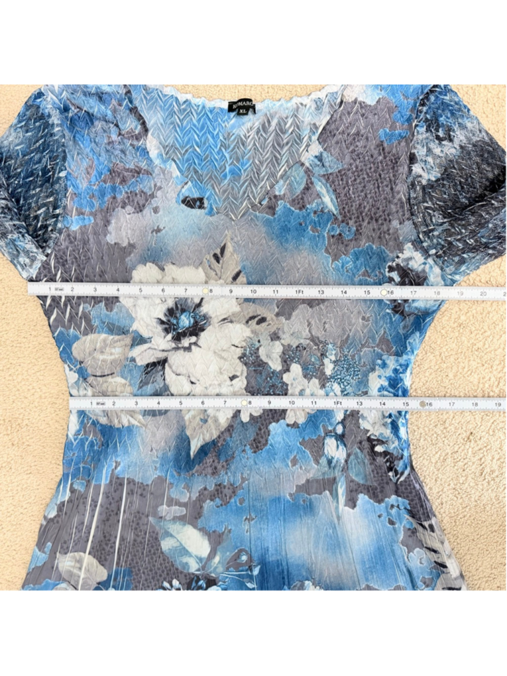 KOMAROV Blue Gray Floral Pleated Charmeuse Cocktail Dress Lace Sleeve Size XL - Picture 13 of 15